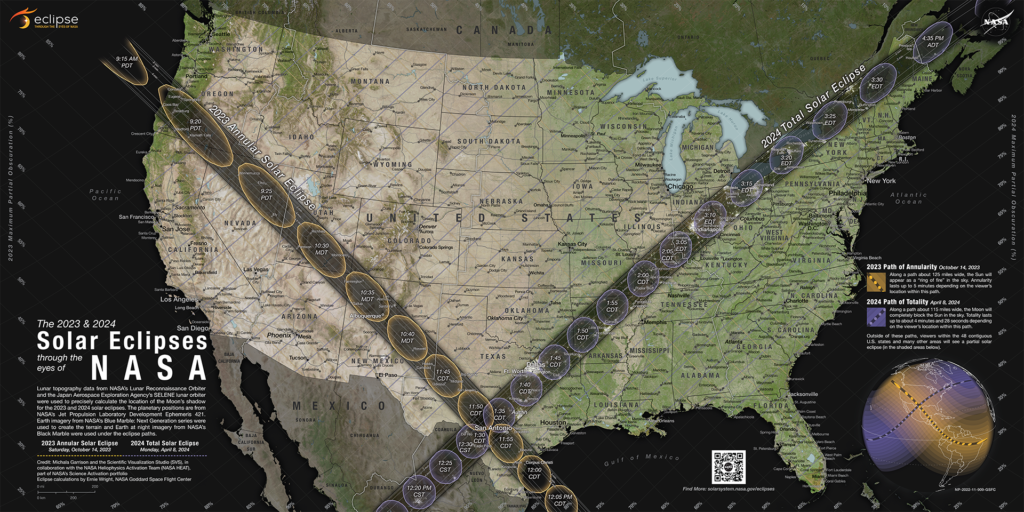 Paths of totality for Oct 2023 and April 2024 solar eclipses