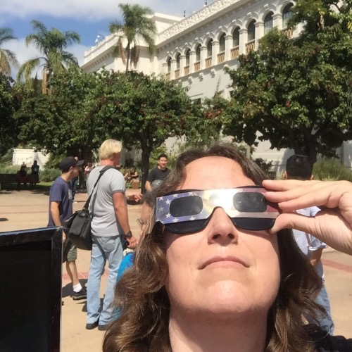 The author using eclipse glasses to view the August 2017 partial solar eclipse.