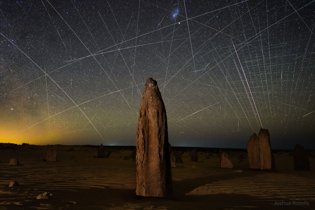 Star trails and satellite trails, Pinnacles, Australia