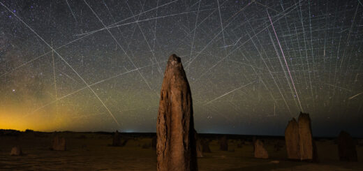 Star trails and satellite trails, Pinnacles, Australia