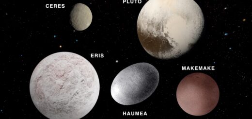 The five recognized dwarf planets to scale with each other.